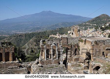 Ruins of the amphitheater, Taormina, with Mount Etna, Sicily, Italy, Europe View Large Photo Image Stock Photo - Ruins of the amphitheater, Taormina, with Mount Etna, Sicily, Italy, Europe. Fotosearch