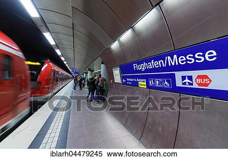 Stock Photography - S-Bahn station Flughafen/Messe, incoming train, Stuttgart, Baden-Wuerttemberg, Germany, Europe. Fotosearch
