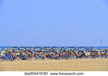 Sandy beach, sea, sun loungers and parasols, Bibione, Veneto, Italy, Europe View Large Photo Image Stock Photo - Sandy beach, sea, sun loungers and parasols, Bibione, Veneto, Italy, Europe. Fotosearch