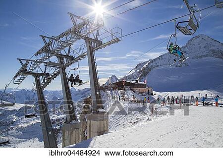 Schlegeis chairlift and glacier cabin in skiing area, skiers, Hintertux Glacier, Tyrol, Austria, Europe View Large Photo Image Picture - Schlegeis chairlift and glacier cabin in skiing area, skiers, Hintertux Glacier, Tyrol, Austria, Europe. Fotosearch