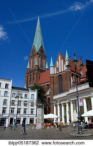 Stock Image - Schwerin, Schwerin Cathedral with market place, Mecklenburg-Western Pomerania, Germany, Europe. Fotosearch