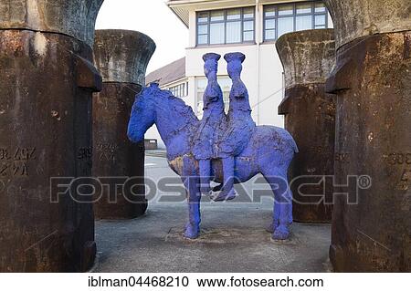 Stock Image - Sculpture Blauer Reiter by Johannes Bruns, Andrei Sakharov Square, Sebald, Nuremberg, Middle Franconia, Franconia, Bavaria, Germany, Europe. Fotosearch