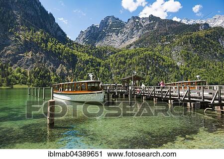 Stock Image - Ship at the pier, Salet am Königssee, Berchtesgaden area, Upper Bavaria, Bavaria, Germany, Europe. Fotosearch