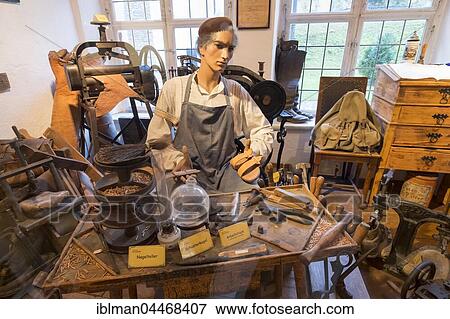Stock Photo - Shoemaker's workshop, Schwäbisches Handwerkermuseum, Lower Fountain Master House, Augsburg, Swabia, Bavaria, Germany, Europe. Fotosearch