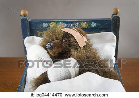 Sick Teddy bandaged paws and head, holding thermometer, in an original Pumuckl crib View Large Photo Image Stock Image - Sick Teddy bandaged paws and head, holding thermometer, in an original Pumuckl crib. Fotosearch