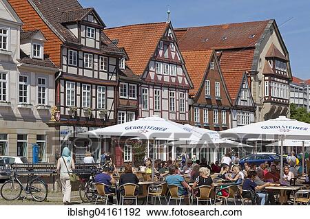 Sidewalk café in front of half-timbered houses, historic centre, Celle, Lower Saxony, Germany, Europe View Large Photo Image Stock Image - Sidewalk café in front of half-timbered houses, historic centre, Celle, Lower Saxony, Germany, Europe. Fotosearch