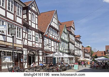 Sidewalk cafés in front of half-timbered houses, historic centre, Celle, Lower Saxony, Germany, Europe View Large Photo Image Stock Photograph - Sidewalk cafés in front of half-timbered houses, historic centre, Celle, Lower Saxony, Germany, Europe. Fotosearch