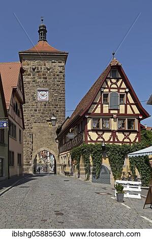 Stock Image - Sieberstor and half-timbered house, old town, Rothenburg ob der Tauber, Middle Franconia, Bavaria, Germany, Europe. Fotosearch