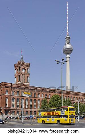 Picture - Sightseeing bus in front of Rotes Rathaus, Fernsehturm, Berlin, Germany, Europe. Fotosearch