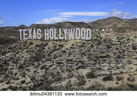 Stock Image - Sign Texas Hollywood, cinema studios, tourist attraction sign near Tabernas, Almeria, Spain, Europe. Fotosearch