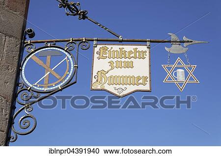 Stock Image - Signboards with inscription Contemplation to hammer Tavern, Historic factory Hammer, Laufamholz, Nuremberg, Middle Franconia, Franconia, Bavaria, Germany, Europe. Fotosearch