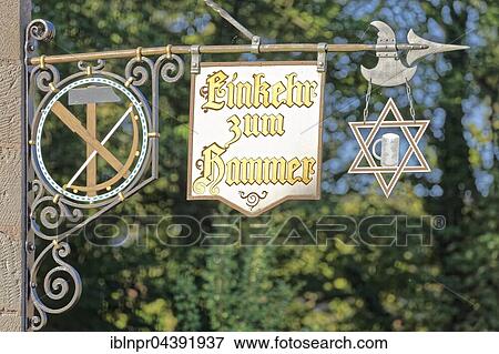 Stock Photo - Signboards with inscription Contemplation to hammer Tavern, Historic factory Hammer, Laufamholz, Nuremberg, Middle Franconia, Franconia, Bavaria, Germany, Europe. Fotosearch