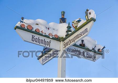 Stock Photo - Signpost, indication for sights, Seiffen, Ore Mountains, Saxony, Germany, Europe. Fotosearch