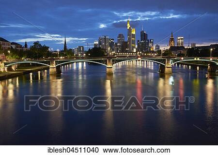 Stock Image - Skyline Frankfurt with Ignaz Bubis bridge, Frankfurt, Hesse, Germany, Europe. Fotosearch