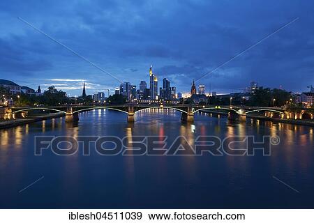 Stock Photo - Skyline Frankfurt with Ignaz Bubis bridge, Frankfurt, Hesse, Germany, Europe. Fotosearch