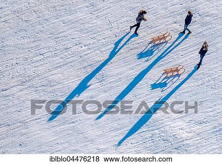 Stock Photo - Sledders near Monastery Oelinghausen, snow, sled, Arnsberg, Neheim-Hüsten, Sauerland, North Rhine-Westphalia, Germany, Europe. Fotosearch