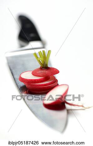 Stock Photograph - Sliced Radish ( Raphanus sativus sativus) with knife. Fotosearch