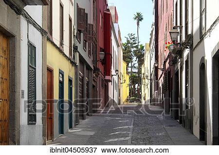 Small street, colored houses in the historic centre, Las Palmas, Gran Canaria, Canary Islands, Spain, Europe View Large Photo Image Stock Photo - Small street, colored houses in the historic centre, Las Palmas, Gran Canaria, Canary Islands, Spain, Europe. Fotosearch