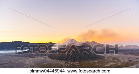 Picture - Smoking volcano Gunung Bromo, Mount Batok in front, Mount Kursi at back, Mount Gunung Semeru, Bromo Tengger Semeru National Park, Java, Indonesia, Asia. Fotosearch