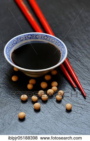 Stock Photo - Sojasauce and Soya beans, ( Glycine max). Fotosearch