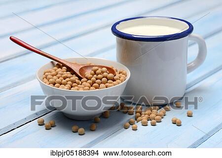 Soy, soybeans in shell and soy milk in cup View Large Photo Image Picture - Soy, soybeans in shell and soy milk in cup. Fotosearch
