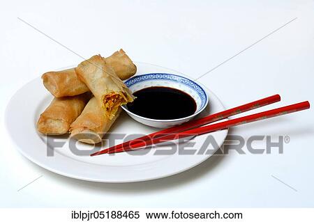 Stock Photography - Spring rolls with soy sauce. Fotosearch