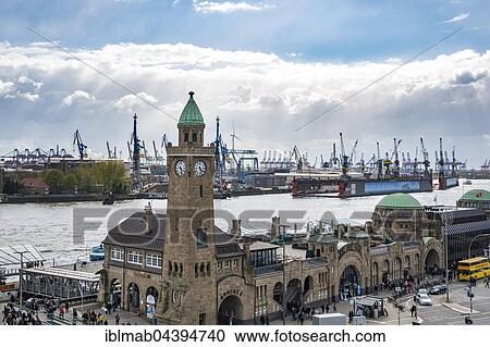 Stock Image - St. Pauli Piers, Elbe River view, Pegelturm (water tower), Port of Hamburg, Hamburg, Germany, Europe. Fotosearch
