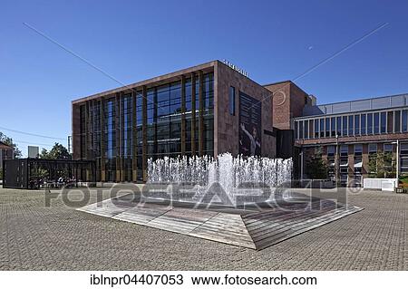 Stock Image - Staatstheater Nürnberg, theater with fountain, Hexagonal Water Pavilion by Jeppe Hein, Nuremberg, Middle Franconia, Bavaria, Germany, Europe. Fotosearch
