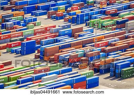 Stock Image - Stack of colorful containers, port, Barcelona, Catalonia, Spain, Europe. Fotosearch