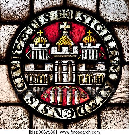 Stock Image - Stained glass window in the town hall, Stade, Lower Saxony, Germany, Europe. Fotosearch
