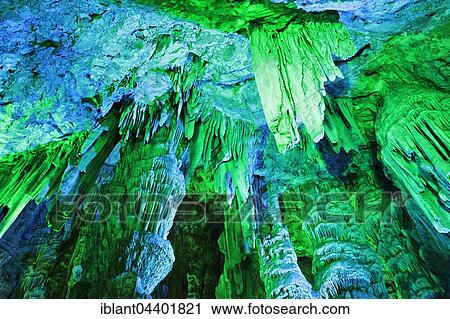 Stock Image - stalactite cave St. Michael's Cave, limestone cave in the Upper Rock Nature Reserve, illuminated, Gibraltar, Europe. Fotosearch