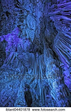 Stock Photo - stalactite cave St. Michael's Cave, limestone cave in the Upper Rock Nature Reserve, illuminated, Gibraltar, Europe. Fotosearch