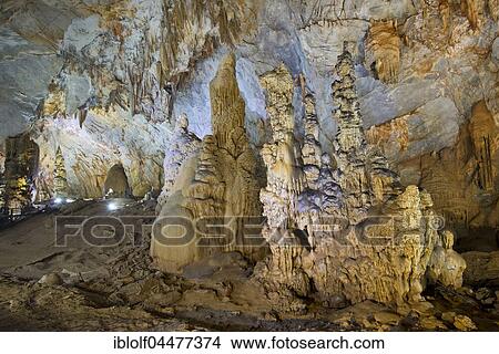 Picture - Stalactites and stalagmites, illuminated dripstone cave, Thiên Đường Cave, National Park Phong Nha-Ke Bang, Phong Nha, Quang Binh, Vietnam, Asia. Fotosearch