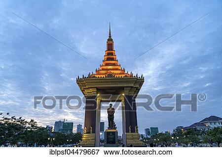 Stock Photo - Statue of King Norodom Sihanouk, dusk, Phnom Penh Province, Cambodia, Asia. Fotosearch