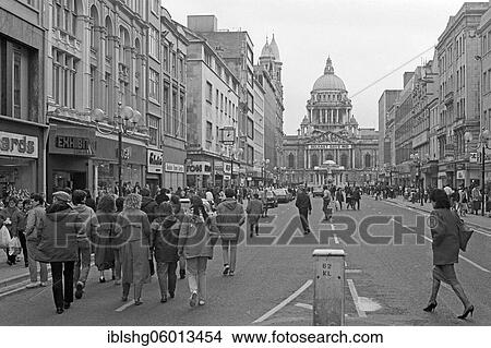 Picture - Street scene, town hall with banner Belfast says NO, historical photo, April 1986, Belfast, Northern Ireland. Fotosearch