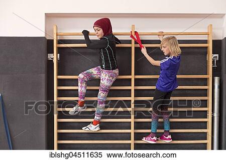 Stock Photography - Students at the wall bars, Physical Education, Primary School, Lower Saxony, Germany, Europe. Fotosearch
