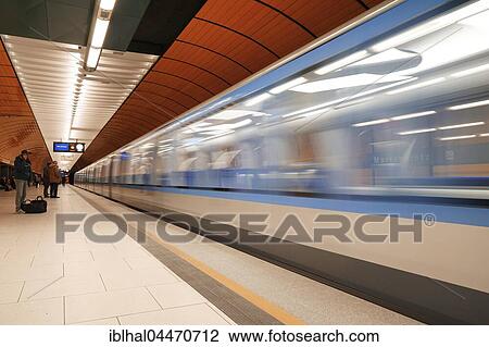 Stock Image - Subway station Marienplatz, incoming train, Munich, Upper Bavaria, Bavaria, Germany, Europe. Fotosearch