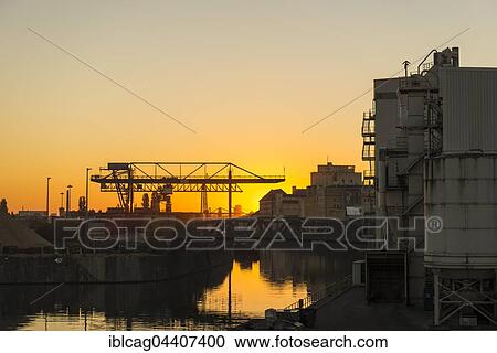 Stock Image - Sunrise at Frankfurt's harbor, Frankfurt, Hesse, Germany, Europe. Fotosearch