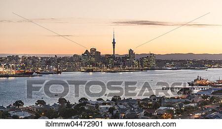 Sunset, Waitemata Harbour, Sky Tower, skyline with skyscrapers, Central Business District, Auckland Region, North Island, New Zealand, Oceania View Large Photo Image Stock Image - Sunset, Waitemata Harbour, Sky Tower, skyline with skyscrapers, Central Business District, Auckland Region, North Island, New Zealand, Oceania. Fotosearch