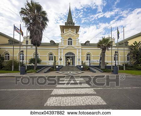 Stock Image - Swakopmund Hotel, located in the old train station, Swakopmund, Erongo Region, Namibia, Africa. Fotosearch