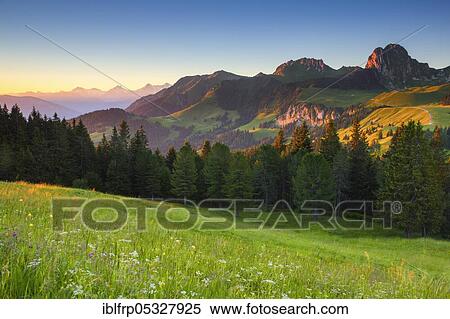 Stock Photography - Swiss Alps and foothills of the Alps, Chrumfadeflue, 2079 m, Nuenenen, 2101m, Bern, Switzerland, Nuenenen, Europe. Fotosearch