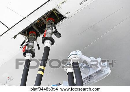Picture - Tank nozzle on wing, refueling, Thai Airways, Boeing, Boeing 747, Airport Munich, Upper Bavaria, Germany, Europe. Fotosearch