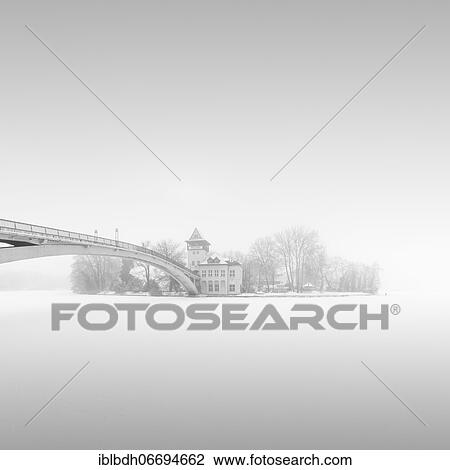 Stock Image - The Abbey Bridge connects Berlin Treptow Köpenick over the river Spree with the Island of Youth, fog in Treptow-Köpenick, 2021, Germany, Europe. Fotosearch