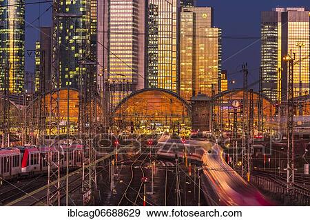 The main station at sunset in front of the skyline, Gutleutviertel, Frankfurt, Hesse, Germany, Europe View Large Photo Image Stock Photo - The main station at sunset in front of the skyline, Gutleutviertel, Frankfurt, Hesse, Germany, Europe. Fotosearch