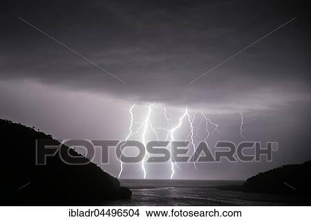 Picture - Thunderstorm with lightning over the ocean, East London, South Africa, Africa. Fotosearch
