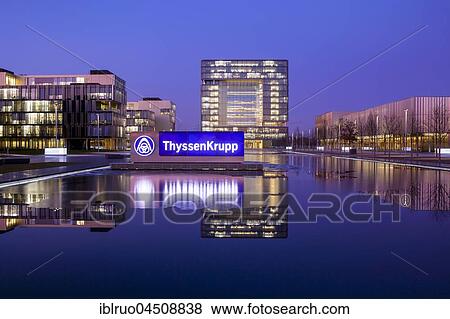 Stock Photo - ThyssenKrupp Quartier, Headquarters, Twilight, Essen, North Rhine-Westphalia, Germany, Europe. Fotosearch