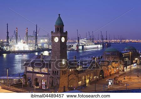 Tide-gauge tower, St. Pauli-Landungsbrücken also St. Pauli Piers and harbour, Hamburg, Germany, Europe View Large Photo Image Stock Photo - Tide-gauge tower, St. Pauli-Landungsbrücken also St. Pauli Piers and harbour, Hamburg, Germany, Europe. Fotosearch