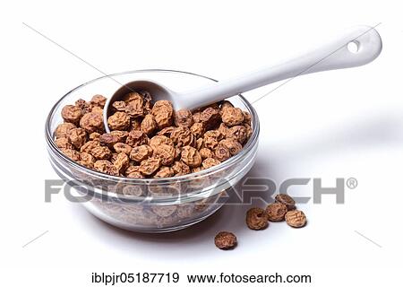 Tigernuts with porcelain spoon in bowl, Cyperus esculentus View Large Photo Image Stock Photo - Tigernuts with porcelain spoon in bowl, Cyperus esculentus. Fotosearch