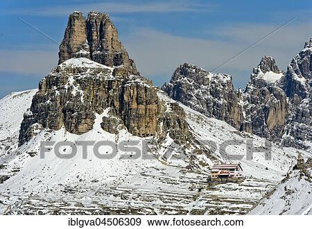 Stock Photo - Toblinger Knoten and Dreizinnenhütte in snow, Sexten Dolomites, South Tyrol Province, Province of South Tyrol, Italy, Europe. Fotosearch
