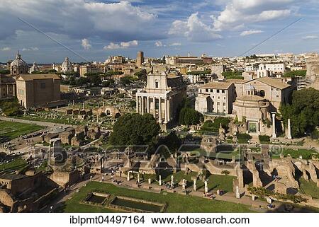 Picture - Top view of Roman Forum ruins with Curia, Basilica Aemilia, Temple of Antoninus and Faustina, So-called temple of Romulus, Rome, Italy, Europe. Fotosearch
